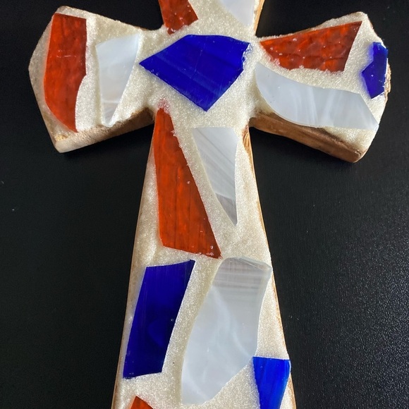 Mosaic Tile On Wood Cross Religious Wall Art Cream Orange & Blue 8”x5”x1” - Picture 4 of 12